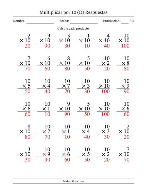 La hoja de ejercicios de Multiplicar (Factores de 1 a 10) por 10 (36 Preguntas) (D) Página 2