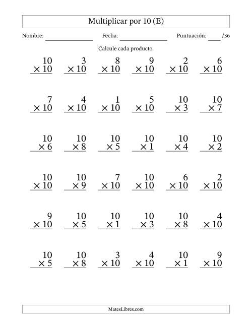 La hoja de ejercicios de Multiplicar (Factores de 1 a 10) por 10 (36 Preguntas) (E)