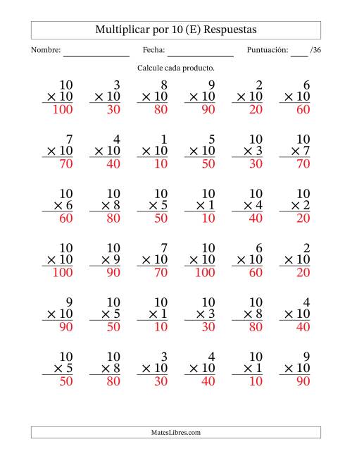 La hoja de ejercicios de Multiplicar (Factores de 1 a 10) por 10 (36 Preguntas) (E) Página 2