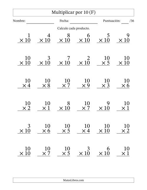 La hoja de ejercicios de Multiplicar (Factores de 1 a 10) por 10 (36 Preguntas) (F)