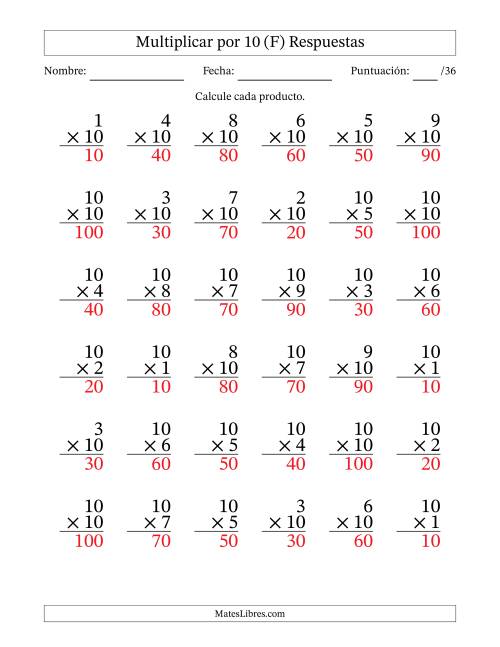 La hoja de ejercicios de Multiplicar (Factores de 1 a 10) por 10 (36 Preguntas) (F) Página 2