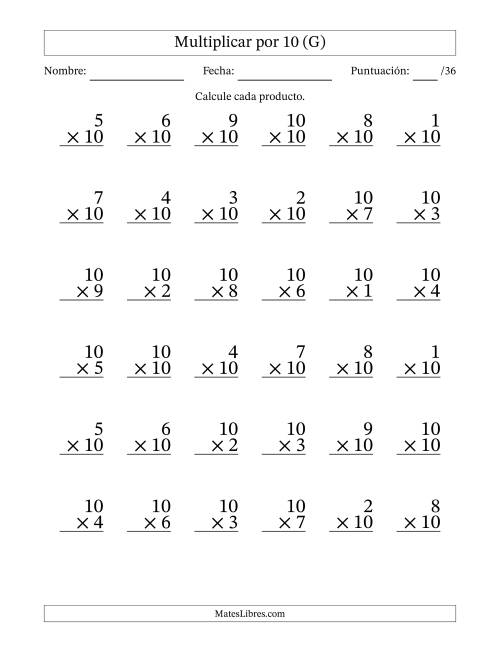 La hoja de ejercicios de Multiplicar (Factores de 1 a 10) por 10 (36 Preguntas) (G)
