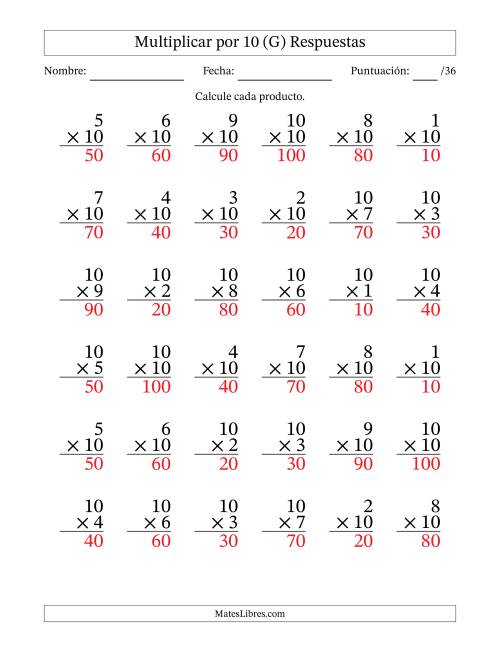 La hoja de ejercicios de Multiplicar (Factores de 1 a 10) por 10 (36 Preguntas) (G) Página 2