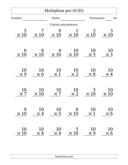 La hoja de ejercicios de Multiplicar (Factores de 1 a 10) por 10 (36 Preguntas) (H)