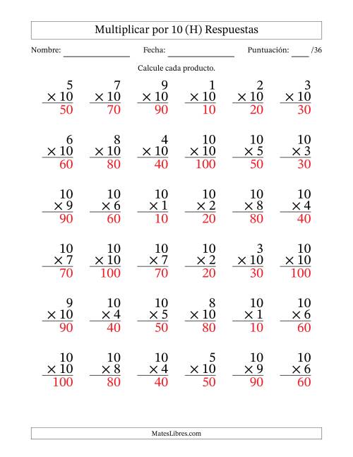 La hoja de ejercicios de Multiplicar (Factores de 1 a 10) por 10 (36 Preguntas) (H) Página 2