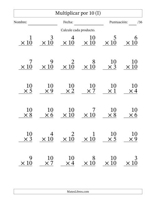 La hoja de ejercicios de Multiplicar (Factores de 1 a 10) por 10 (36 Preguntas) (I)