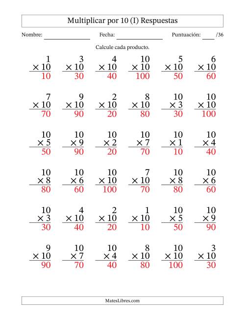 La hoja de ejercicios de Multiplicar (Factores de 1 a 10) por 10 (36 Preguntas) (I) Página 2