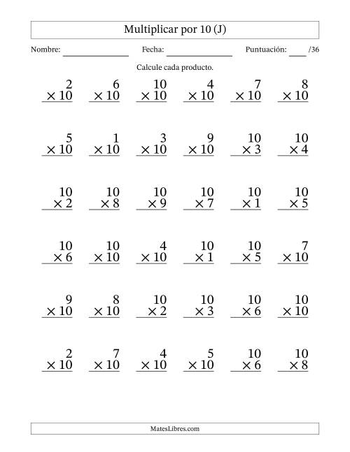 La hoja de ejercicios de Multiplicar (Factores de 1 a 10) por 10 (36 Preguntas) (J)