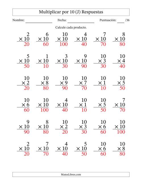 La hoja de ejercicios de Multiplicar (Factores de 1 a 10) por 10 (36 Preguntas) (J) Página 2