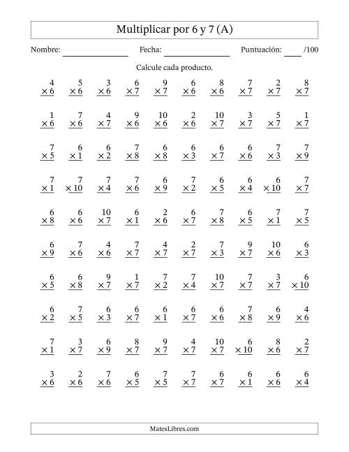 La hoja de ejercicios de Multiplicar (Factores de 1 a 10) por 6 y 7 (100 Preguntas) (A)