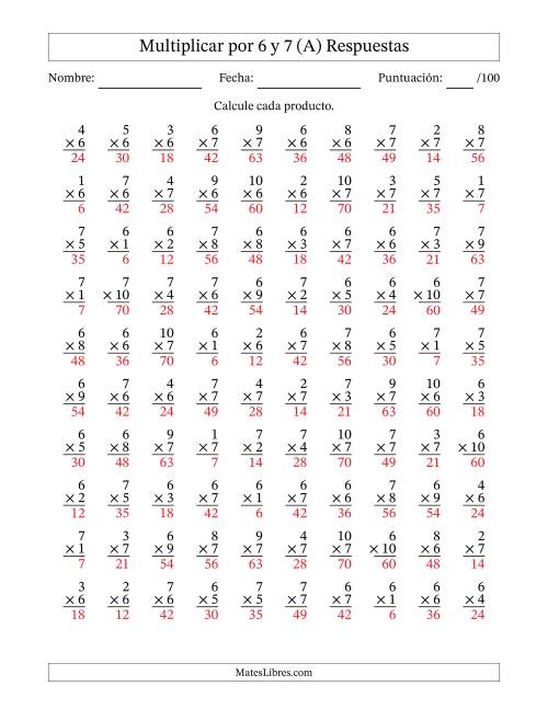 La hoja de ejercicios de Multiplicar (Factores de 1 a 10) por 6 y 7 (100 Preguntas) (A) Página 2