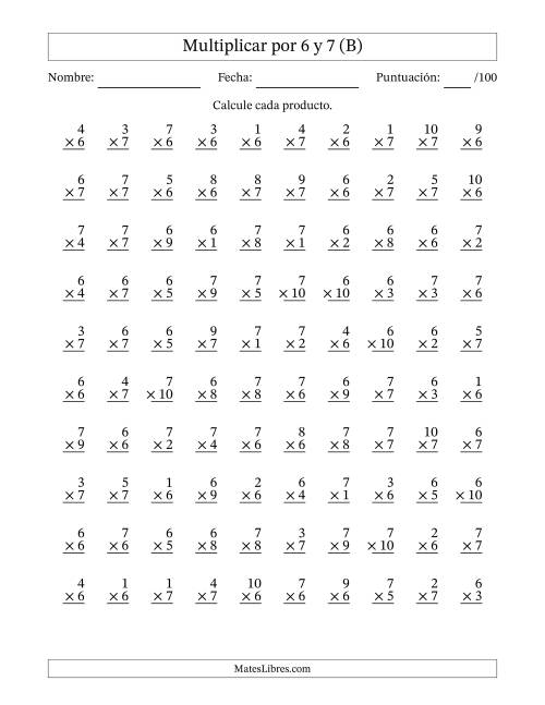La hoja de ejercicios de Multiplicar (Factores de 1 a 10) por 6 y 7 (100 Preguntas) (B)