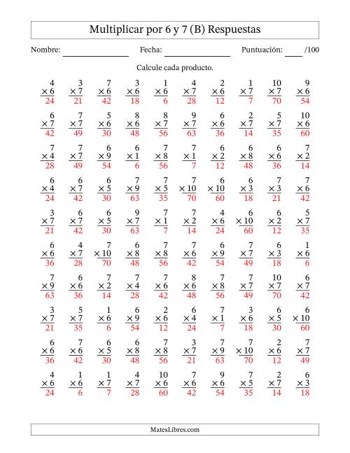 La hoja de ejercicios de Multiplicar (Factores de 1 a 10) por 6 y 7 (100 Preguntas) (B) Página 2