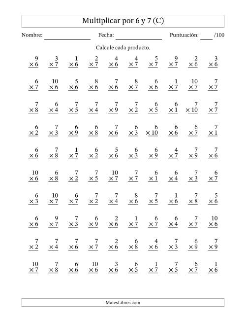 La hoja de ejercicios de Multiplicar (Factores de 1 a 10) por 6 y 7 (100 Preguntas) (C)