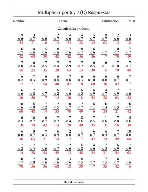 La hoja de ejercicios de Multiplicar (Factores de 1 a 10) por 6 y 7 (100 Preguntas) (C) Página 2