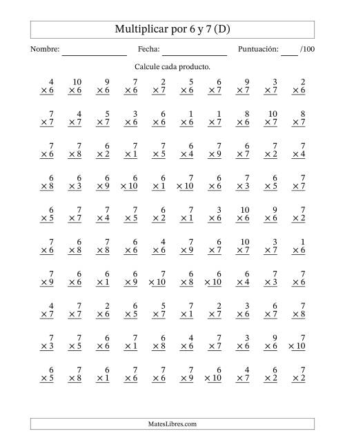 La hoja de ejercicios de Multiplicar (Factores de 1 a 10) por 6 y 7 (100 Preguntas) (D)