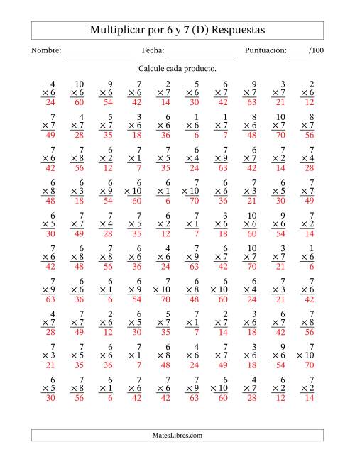 La hoja de ejercicios de Multiplicar (Factores de 1 a 10) por 6 y 7 (100 Preguntas) (D) Página 2