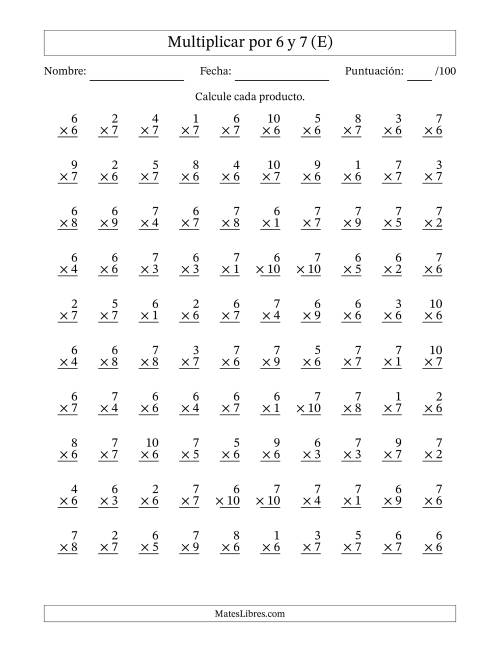 La hoja de ejercicios de Multiplicar (Factores de 1 a 10) por 6 y 7 (100 Preguntas) (E)