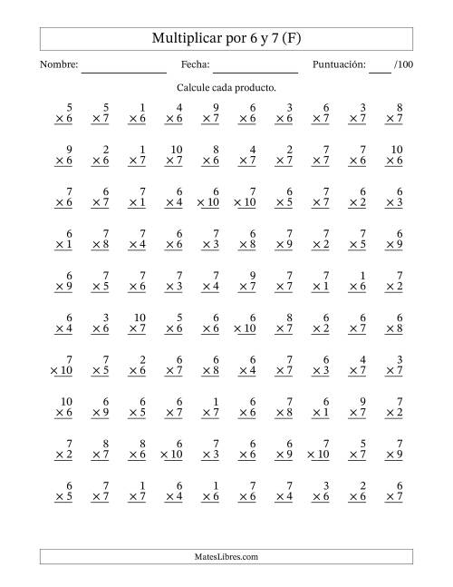 La hoja de ejercicios de Multiplicar (Factores de 1 a 10) por 6 y 7 (100 Preguntas) (F)