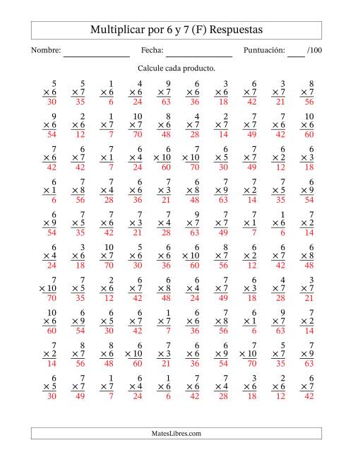 La hoja de ejercicios de Multiplicar (Factores de 1 a 10) por 6 y 7 (100 Preguntas) (F) Página 2