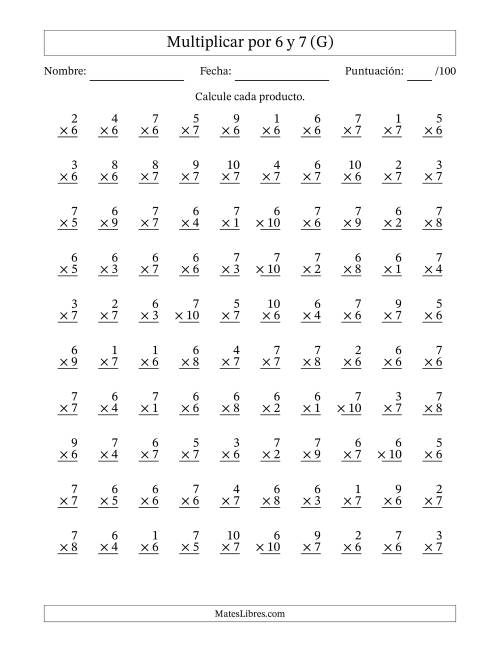 La hoja de ejercicios de Multiplicar (Factores de 1 a 10) por 6 y 7 (100 Preguntas) (G)