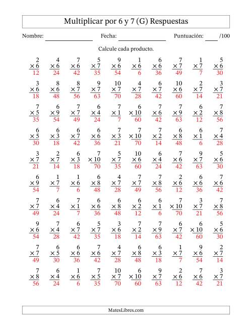 La hoja de ejercicios de Multiplicar (Factores de 1 a 10) por 6 y 7 (100 Preguntas) (G) Página 2