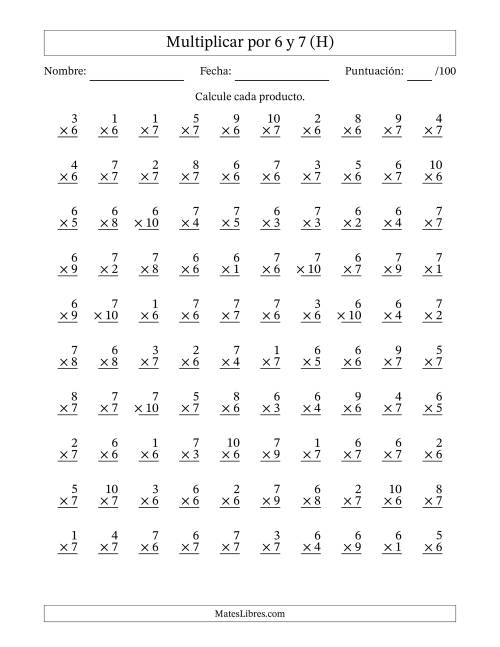 La hoja de ejercicios de Multiplicar (Factores de 1 a 10) por 6 y 7 (100 Preguntas) (H)