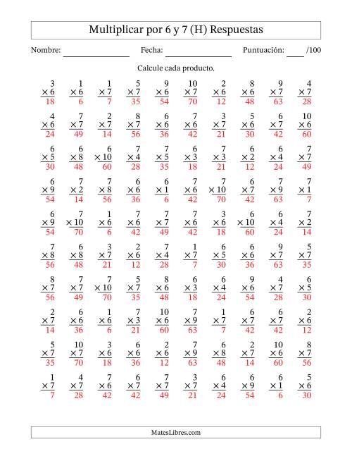 La hoja de ejercicios de Multiplicar (Factores de 1 a 10) por 6 y 7 (100 Preguntas) (H) Página 2