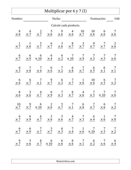 La hoja de ejercicios de Multiplicar (Factores de 1 a 10) por 6 y 7 (100 Preguntas) (I)