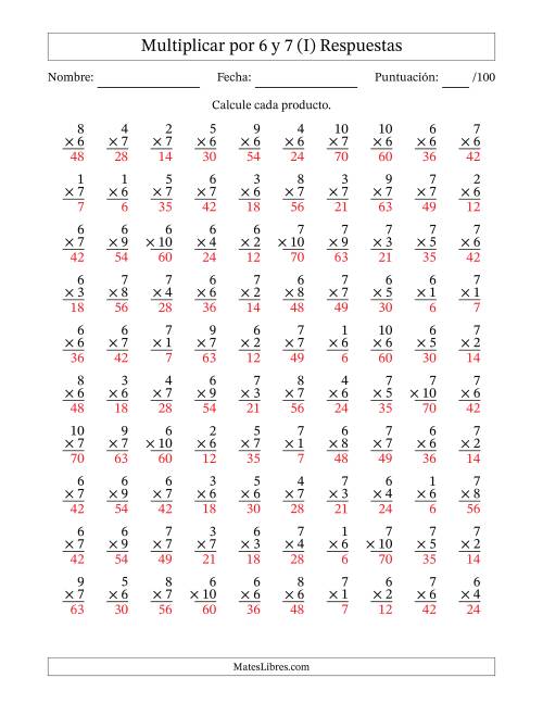 La hoja de ejercicios de Multiplicar (Factores de 1 a 10) por 6 y 7 (100 Preguntas) (I) Página 2