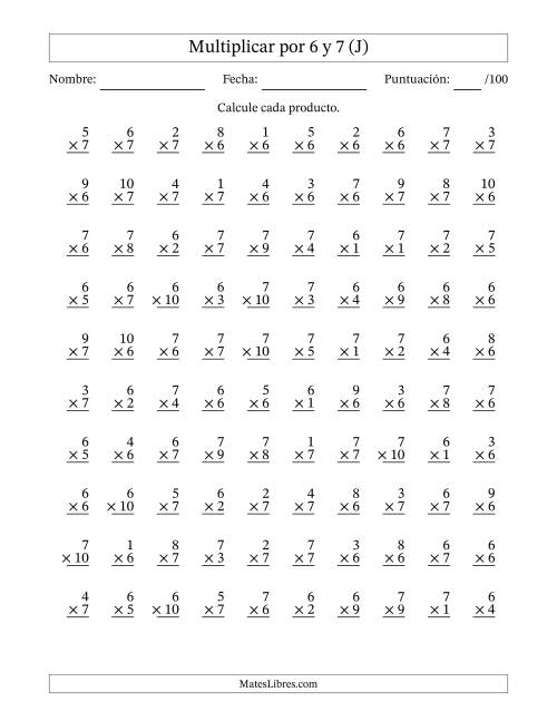 La hoja de ejercicios de Multiplicar (Factores de 1 a 10) por 6 y 7 (100 Preguntas) (J)