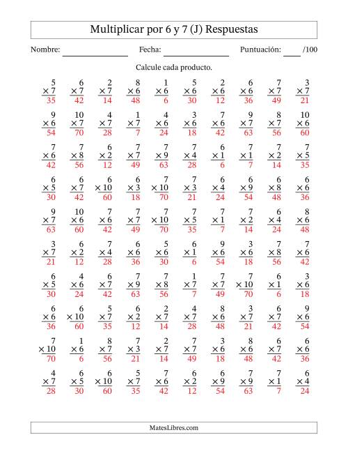 La hoja de ejercicios de Multiplicar (Factores de 1 a 10) por 6 y 7 (100 Preguntas) (J) Página 2