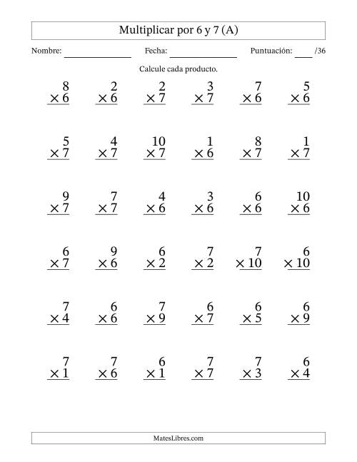 La hoja de ejercicios de Multiplicar (Factores de 1 a 10) por 6 y 7 (36 Preguntas) (A)