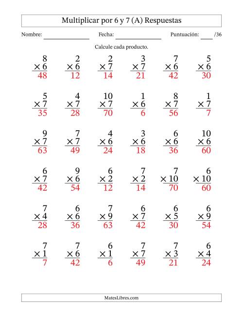 La hoja de ejercicios de Multiplicar (Factores de 1 a 10) por 6 y 7 (36 Preguntas) (A) Página 2