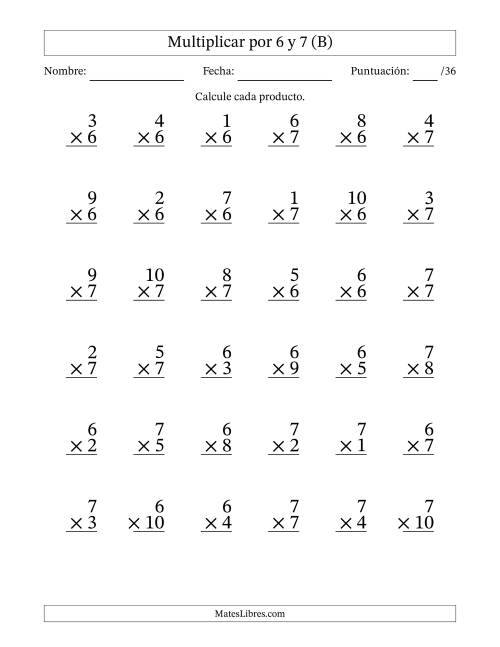 La hoja de ejercicios de Multiplicar (Factores de 1 a 10) por 6 y 7 (36 Preguntas) (B)