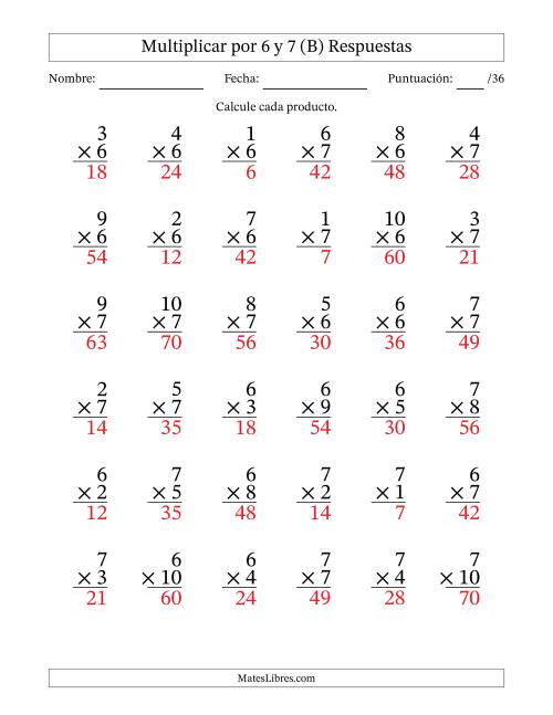 La hoja de ejercicios de Multiplicar (Factores de 1 a 10) por 6 y 7 (36 Preguntas) (B) Página 2