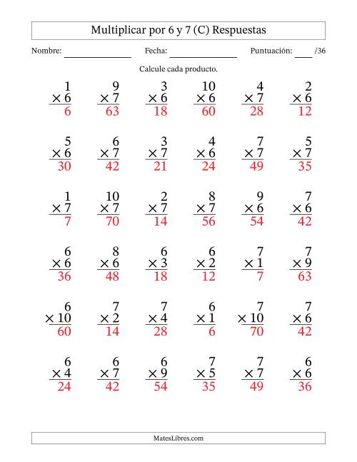 La hoja de ejercicios de Multiplicar (Factores de 1 a 10) por 6 y 7 (36 Preguntas) (C) Página 2