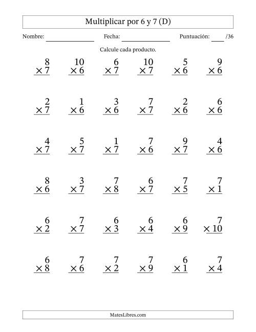 La hoja de ejercicios de Multiplicar (Factores de 1 a 10) por 6 y 7 (36 Preguntas) (D)