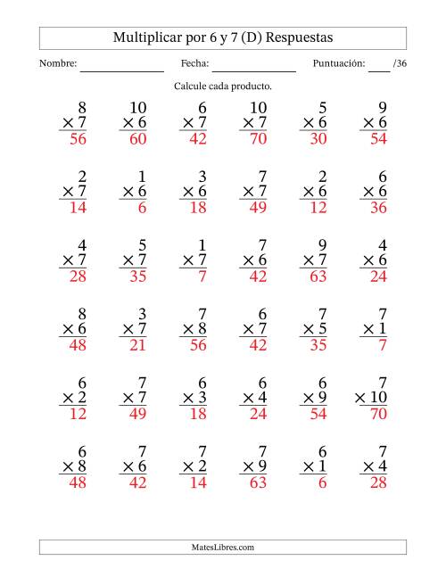 La hoja de ejercicios de Multiplicar (Factores de 1 a 10) por 6 y 7 (36 Preguntas) (D) Página 2