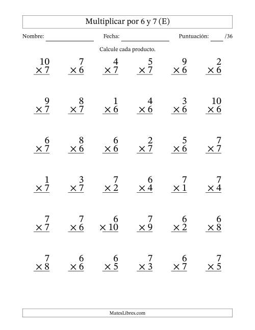 La hoja de ejercicios de Multiplicar (Factores de 1 a 10) por 6 y 7 (36 Preguntas) (E)