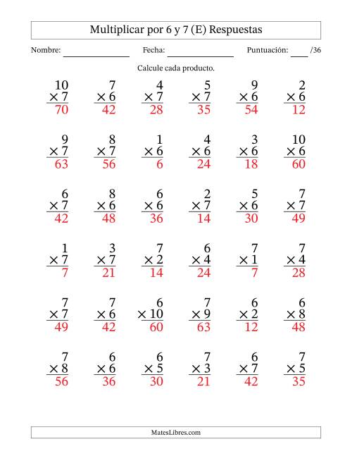 La hoja de ejercicios de Multiplicar (Factores de 1 a 10) por 6 y 7 (36 Preguntas) (E) Página 2