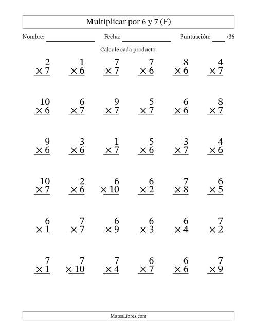 La hoja de ejercicios de Multiplicar (Factores de 1 a 10) por 6 y 7 (36 Preguntas) (F)