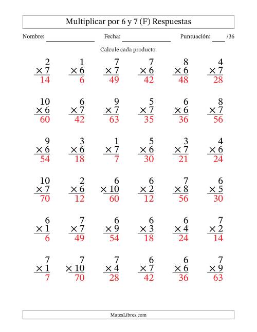 La hoja de ejercicios de Multiplicar (Factores de 1 a 10) por 6 y 7 (36 Preguntas) (F) Página 2