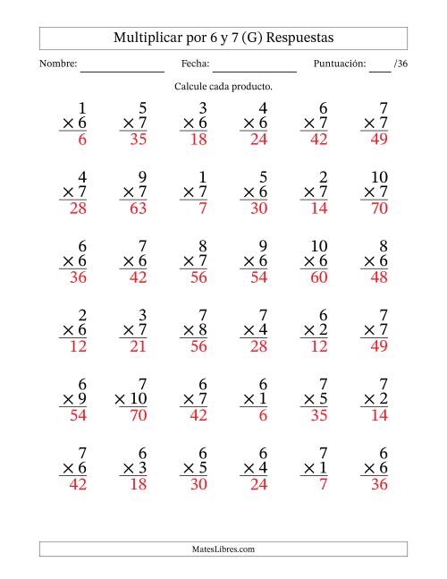 La hoja de ejercicios de Multiplicar (Factores de 1 a 10) por 6 y 7 (36 Preguntas) (G) Página 2
