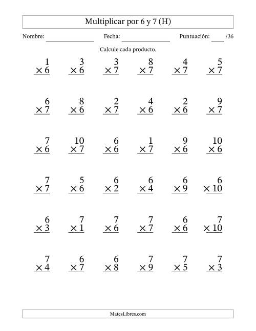 La hoja de ejercicios de Multiplicar (Factores de 1 a 10) por 6 y 7 (36 Preguntas) (H)