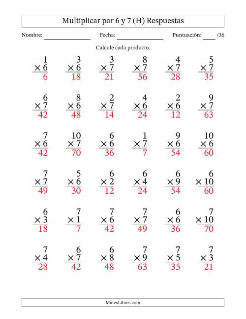La hoja de ejercicios de Multiplicar (Factores de 1 a 10) por 6 y 7 (36 Preguntas) (H) Página 2
