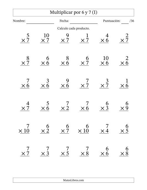 La hoja de ejercicios de Multiplicar (Factores de 1 a 10) por 6 y 7 (36 Preguntas) (I)