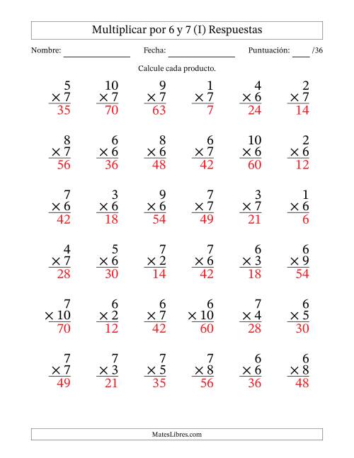 La hoja de ejercicios de Multiplicar (Factores de 1 a 10) por 6 y 7 (36 Preguntas) (I) Página 2