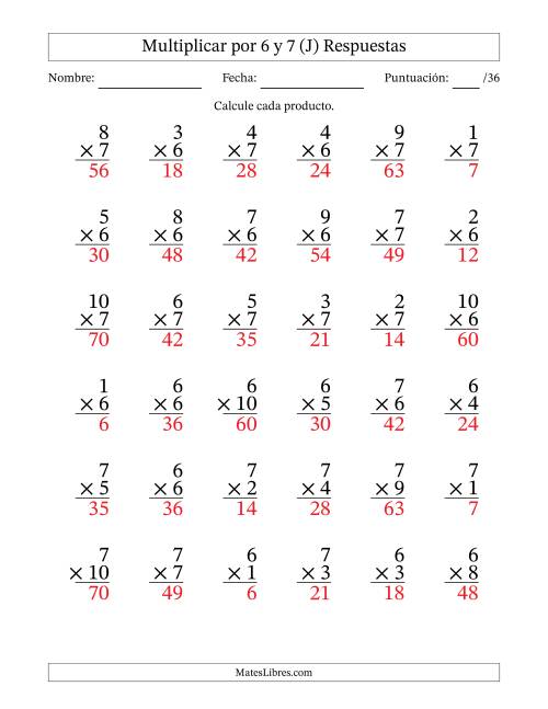 La hoja de ejercicios de Multiplicar (Factores de 1 a 10) por 6 y 7 (36 Preguntas) (J) Página 2
