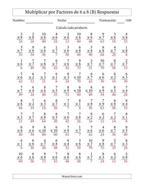 La hoja de ejercicios de Multiplicar (Factores de 1 a 10) por Factores de 6 a 8 (100 Preguntas) (B) Página 2